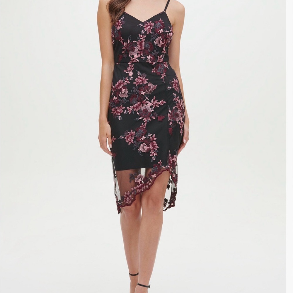 Guess Sleeveless Floral Lace Chiffon Overlay Sheath Dress